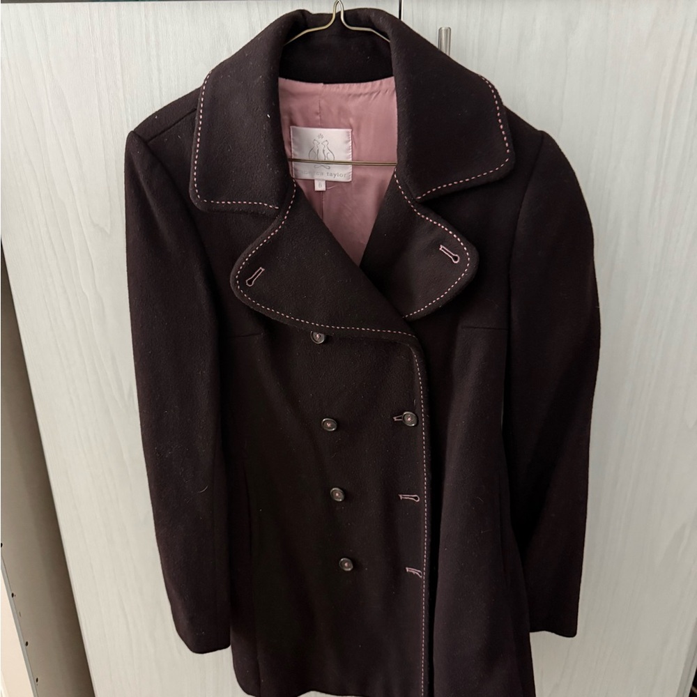 Women’s Double-Breasted Brown Coat with Pink Stitch Detail